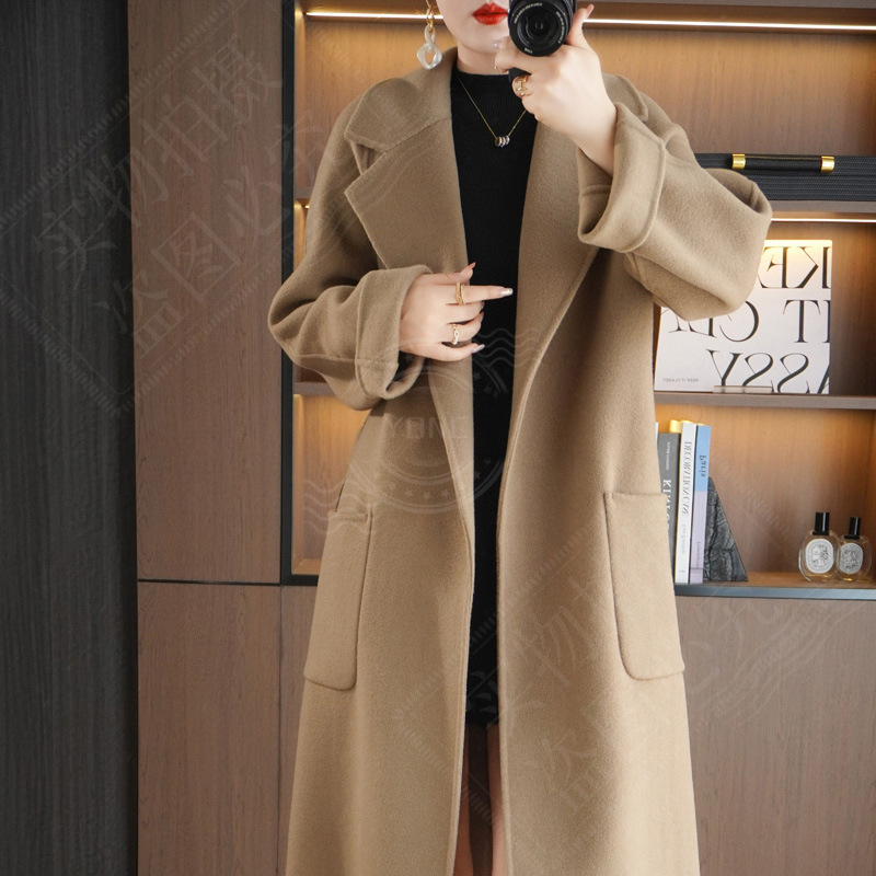 Double-Sided Wool Cashmere Coat for Women, Mid-Length, Plus Size, Wool Content over 95%, Supports Returns and Exchanges