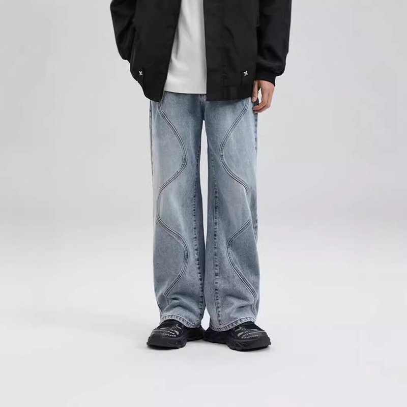 American Style Retro Curve Stitching Jeans Men's Niche Design Sense Loose Straight All-match Casual Wide-leg Long Pants