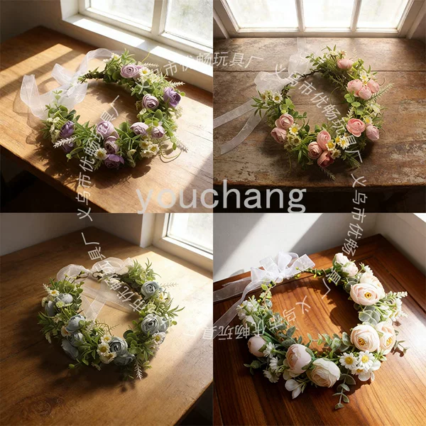 Instagram-style artificial rose wreath, handmade floral headpiece, bridal travel photography headpiece, wedding and holiday decoration, fake flower hair accessory