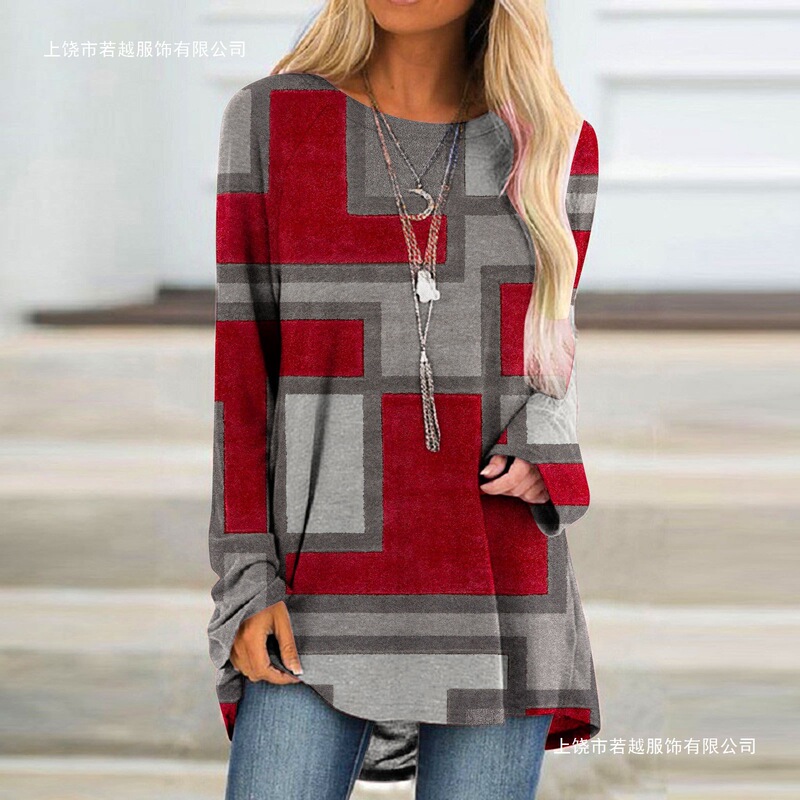 Foreign Trade New Women's Clothing Asymmetrical Color Matching Long-Sleeved Splicing Graphics 3D Printing Fashion Women's Long T-Shirt Foreign Trade New Women's Clothing Asymmetrical Color Matching Long-Sleeved Splicing Graphics 3D Printing Fashion Women's Long T-Shirt