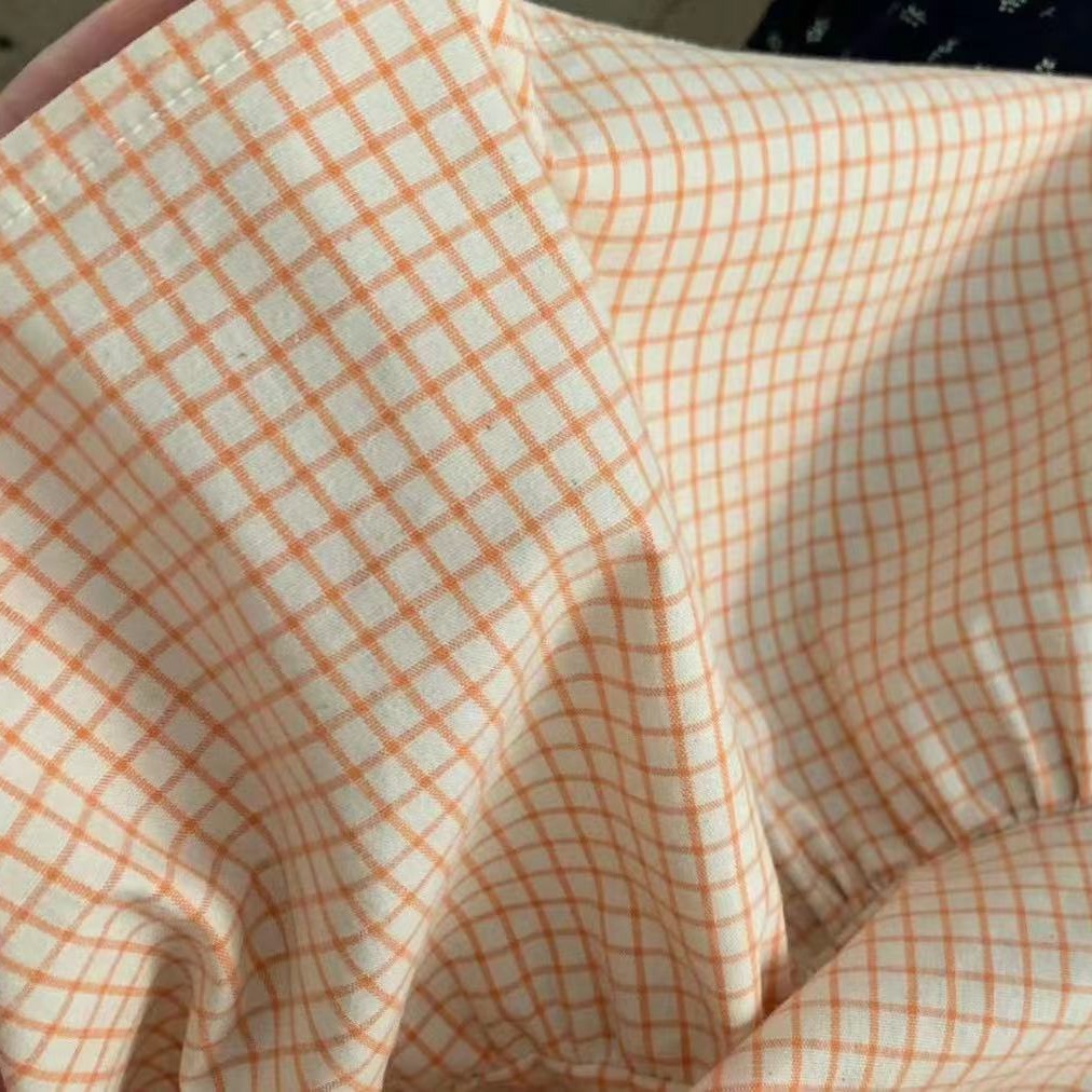 全棉白底橘线格橘色小格子女装衬衫连衣裙吊带衫面料餐桌布抱枕格