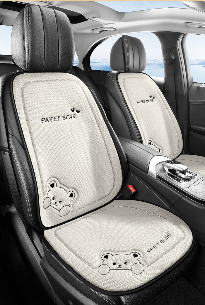 Car Seat Cushion for All Seasons, Linen Cartoon Rear Seat Cushion, Single-Piece Seat Cover for Women