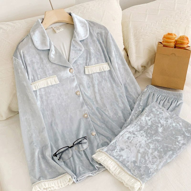 Пижама из бархата с длинными рукавами, осенний милый комплект 2 пр., домашний отдых, размеры M–L