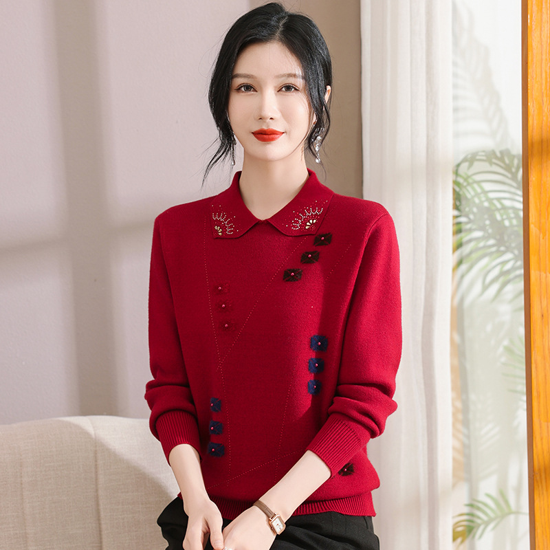 中老年女装秋冬新款加绒加厚时尚提花一体绒针织妈妈毛衣大码宽松，女装卫衣/绒衫，妃慕昵服饰
