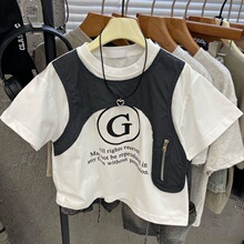 拼接化纤假两件短袖T恤个性韩版T恤衫上衣儿童夏季新款男童洋气潮