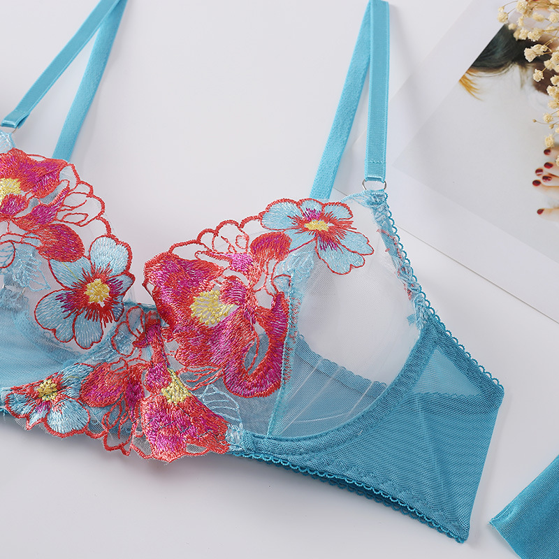 Sheer Colourful Floral Embroidered Lingerie Set