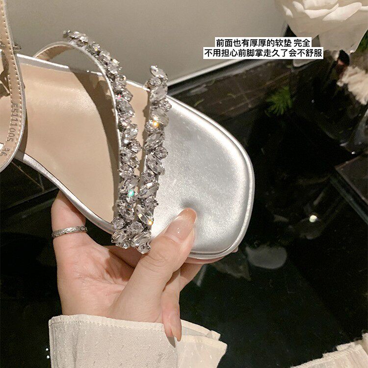Sandal nữ gót thô 5 cm hở mũi đính đá kiểu Pháp — Màu bạc, Màu mơ, Màu đen