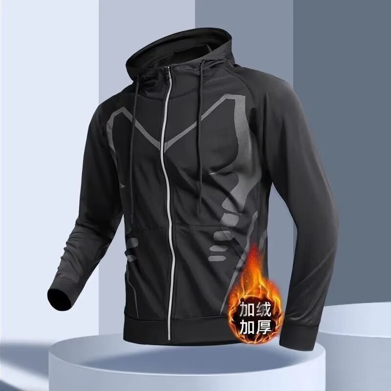 Running Jacket Men's New Winter Jacket Windproof Training Sportswear Fleece-Lined Warm Waterproof Outdoor Hooded Top