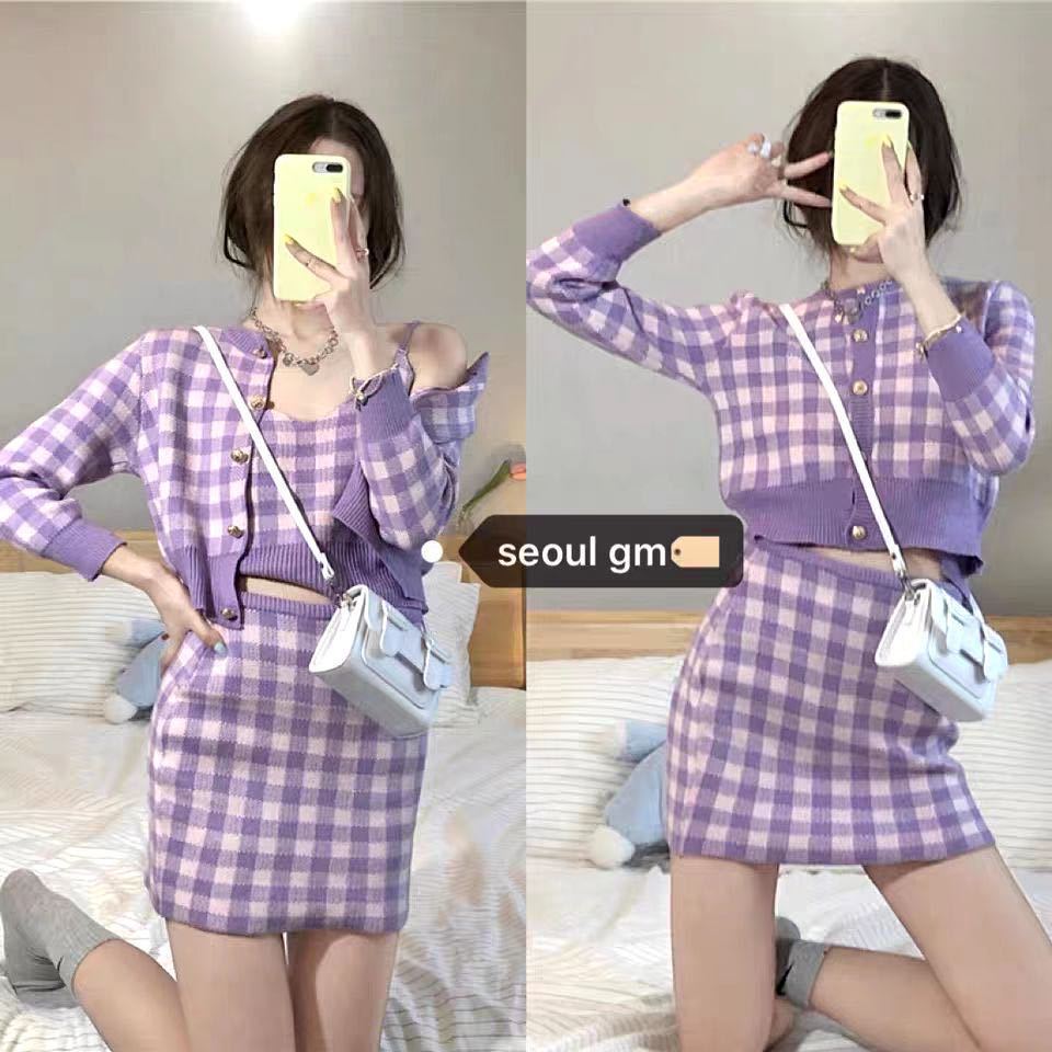 帮手SKU图-2020女秋冬装毛衣外套包臀裙三件套裙时尚甜美