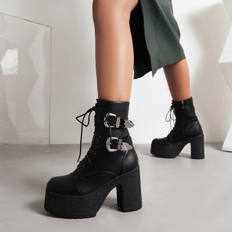 New round head front strap with double belt buckle side zipper waterproof platform chunky high heel ankle boots_voghion.com