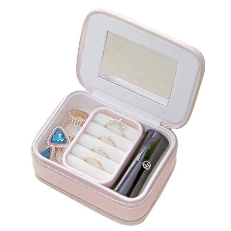 PU跨境双层便携首饰盒旅行迷你镜子饰品包耳环耳钉戒指珠宝收纳盒