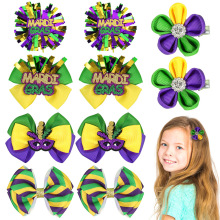 亚马逊巴西狂欢节蝴蝶结儿童发夹 黄绿紫羽毛蝴蝶结边夹葱条发卡