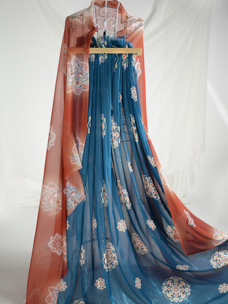 唐风天女散花团花数码印花银丝雪纺飘逸轻薄汉服布面料玉猫家氨纶