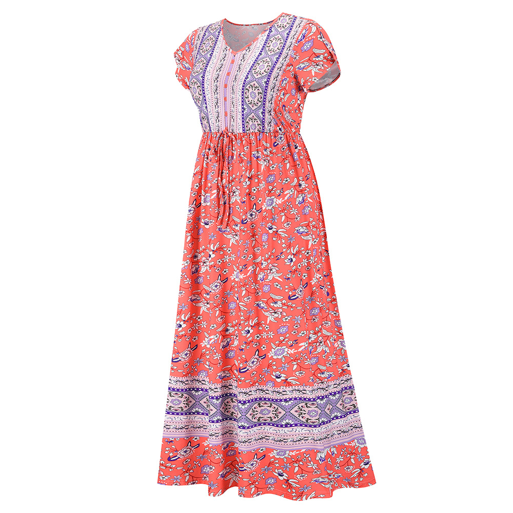 summer Retro short-sleeved v-neck slim long floral dress  NSHYG118513