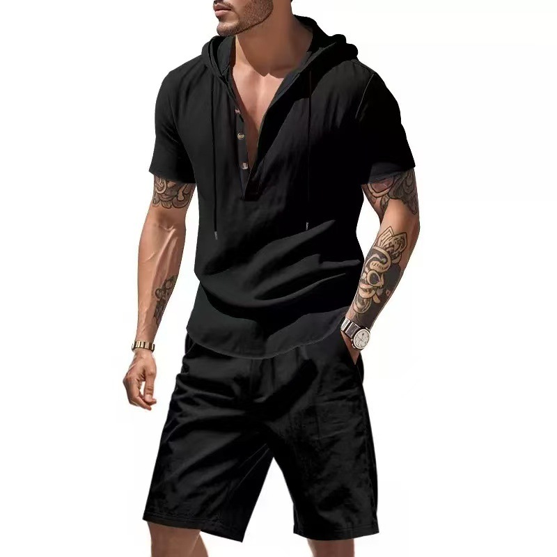 European Size Cross-Border American Style Summer Short-Sleeve Hooded Casual Suit Men's Drawstring Beachwear Shorts Two-Piece Set