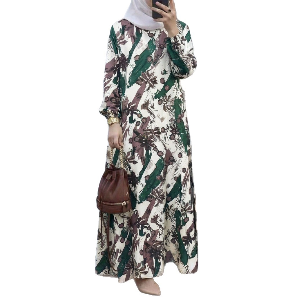 In Stock Cross-Border New Printed Middle Eastern Muslim Malay Full Sleeve Round Neck Robe Long Dress Factory Wholesale_ecoleips.com