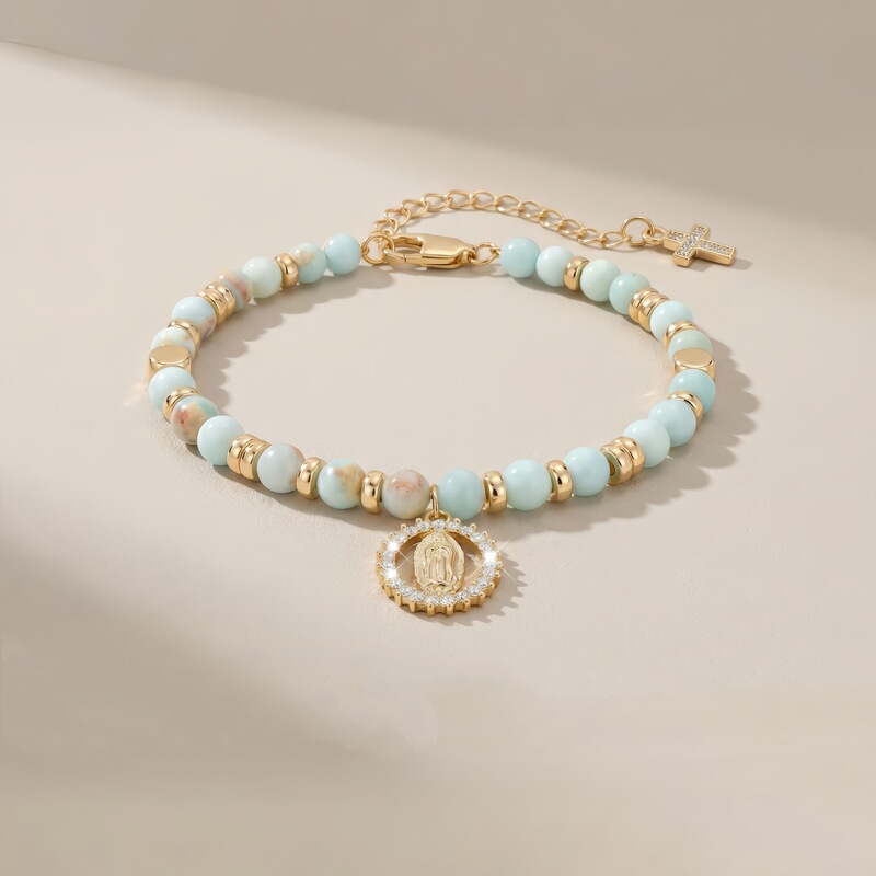 Cross-Border Exclusive Supply of Light Blue Jade Bead Bracelets, Natural Stone Gold-Plated Spacer Beads, Women's Fresh Style Commemorative Beaded Jewelry