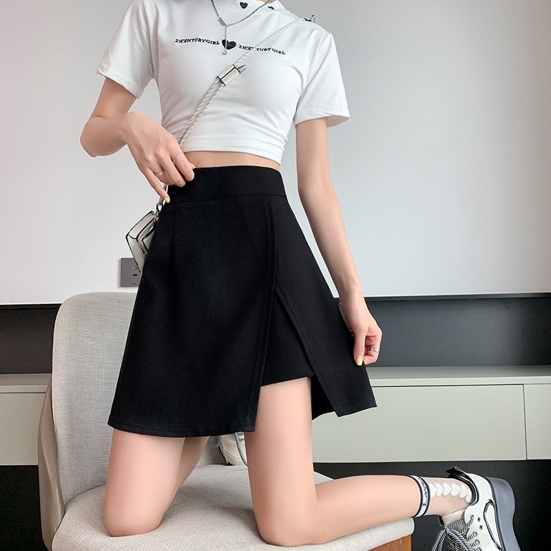 夏季女小个子a字高腰半身裙子春秋新款高级黑色显瘦开叉包臀短裙|undefined