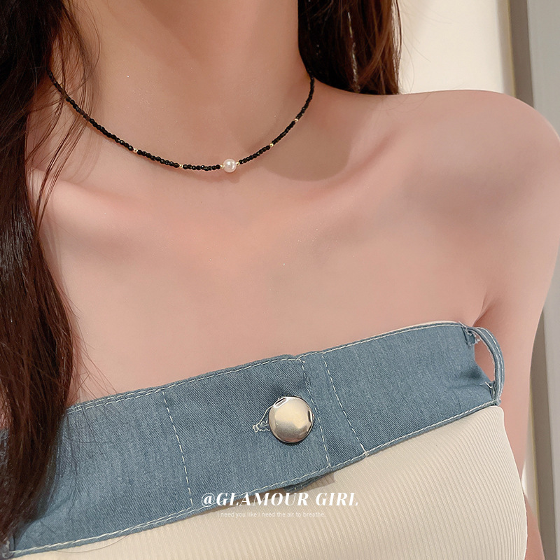 Negro cristal perla collar de cuentas de moda personalidad simple clavícula cadena nicho versátil temperamento collar Collar para las mujeres