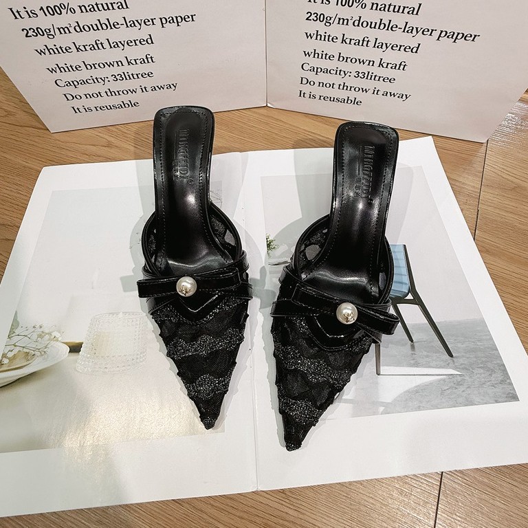 Zapatillas de malla de encaje de verano, zapatillas de tacones altos de perlas con bolso, ropa exterior de moda de tacones delgados