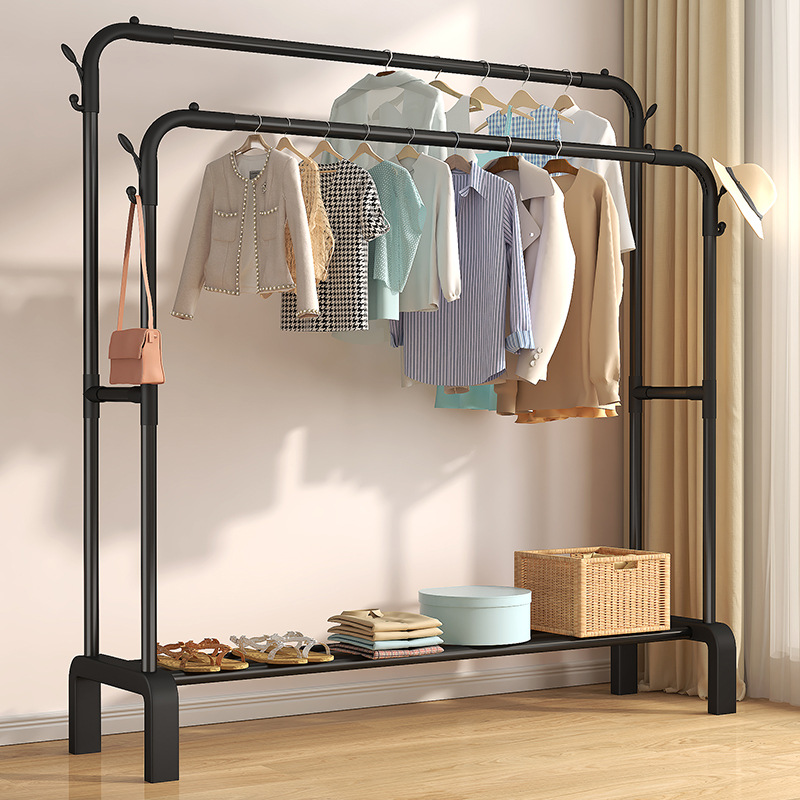Clothes Drying Rack, Floor-Standing Bedroom Clothes Rack, Dormitory Coat Rack, Indoor Balcony Drying Pole, Storage and Storage Rack with Double Rods