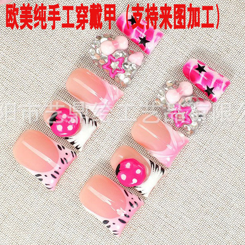 Cross-Border Duckbill-Shaped Pure Handmade Wearable Nails Wholesale Foreign Trade Pink Black Leopard Print French Manicure Removable Fake Nail Tips