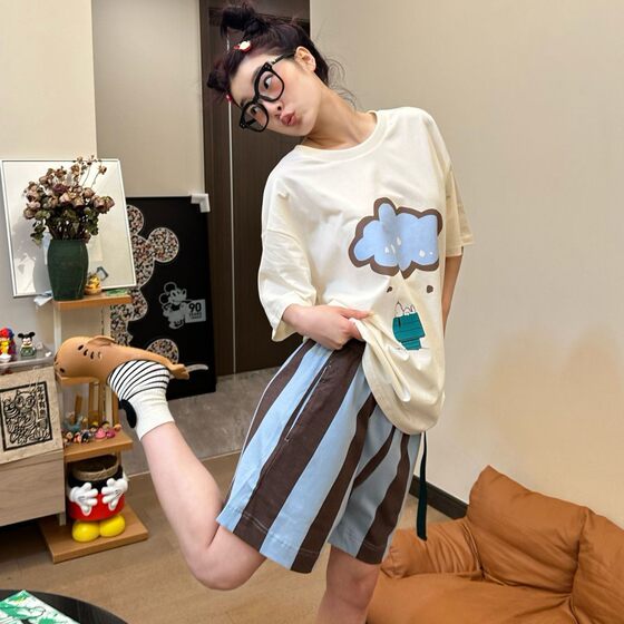 Cute Cartoon Sweet Cloud Print Short Sleeve Pajamas Women's Summer New Simple Striped Shorts Home Clothes suit