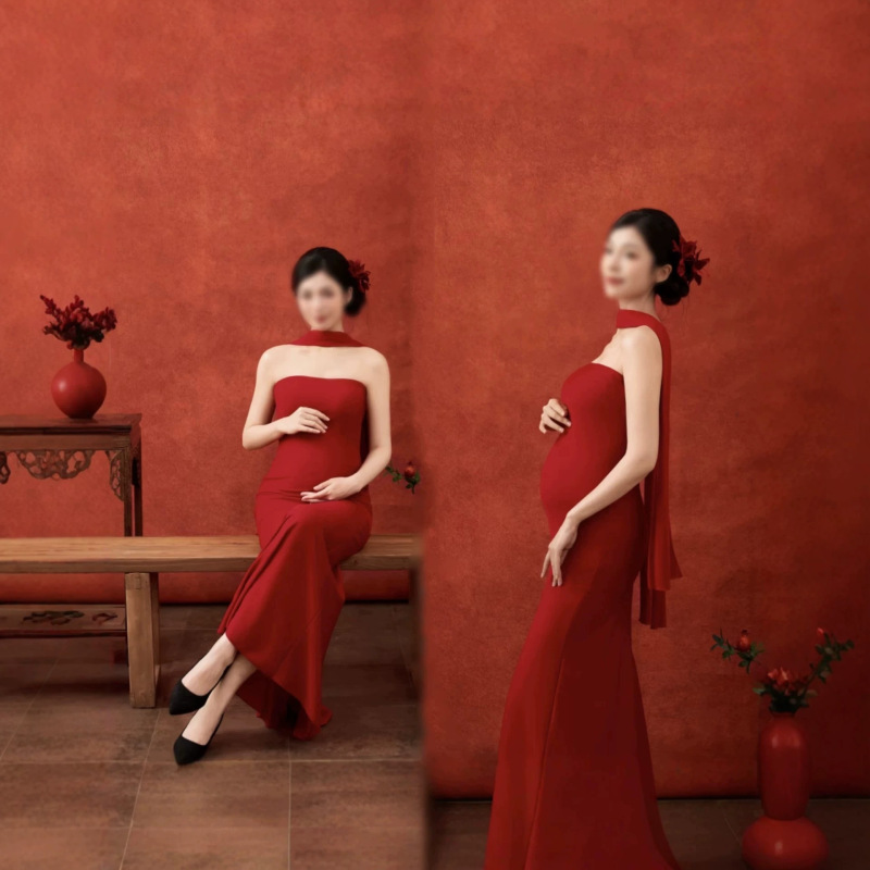 New style maternity photo shoot clothing for photo studios: New Chinese-style vintage red strapless dress for mommy art photoshoot photography New style maternity photo shoot clothing for photo studios: New Chinese-style vintage red strapless dress for mommy art photoshoot photography