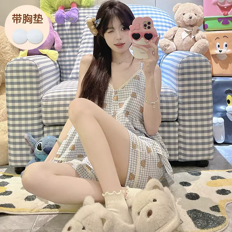 2025新款泡泡棉吊带可拆卸胸垫睡衣夏季甜美公主风花边家居服套装