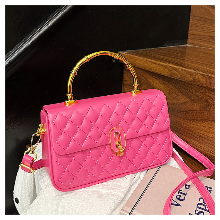 Borsa trapuntata a rombi in stile coreano, borsa a tracolla alla moda di grande capacità con manico in bambù, ideale per gli spostamenti quotidiani._voghion.com