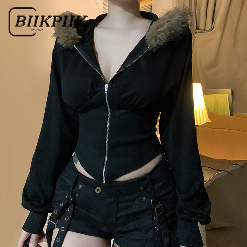 Cross-Border Fur Collar Hooded Waist Slimming Zipper Jacket for Women Winter Sports Style Personalized Hot Girl Slim Sweatshirt Wholesale