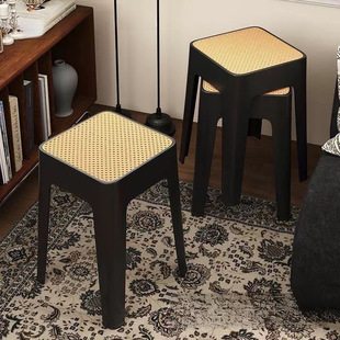 Medieval Style Rattan Plastic Stool, Strong and Durable Square Stool, Restaurant Thickened Stool, Household Stackable Spare Chair