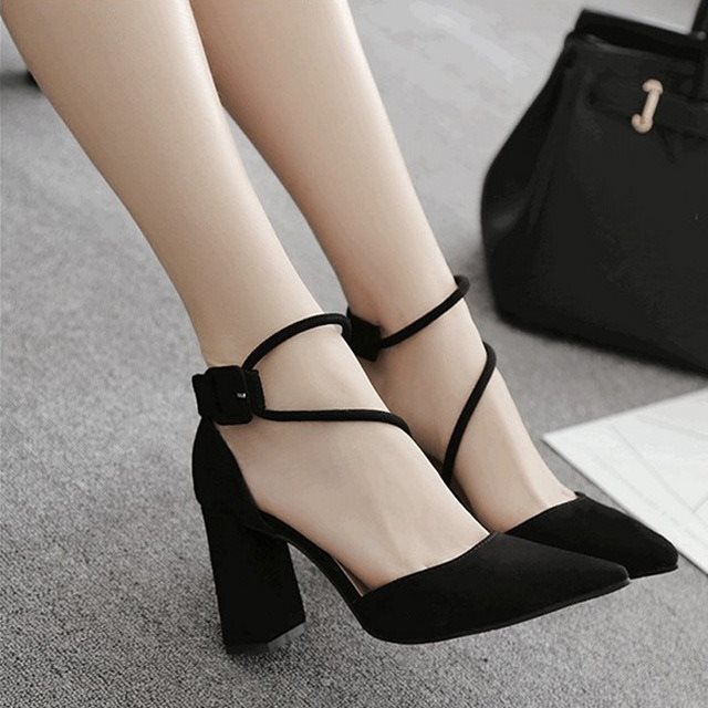 Strappy Chunky High Heels for Women 2025 Spring/Summer New Korean Style Versatile Women's Shoes with Hollow Pointed Toe and Single Strap Buckle