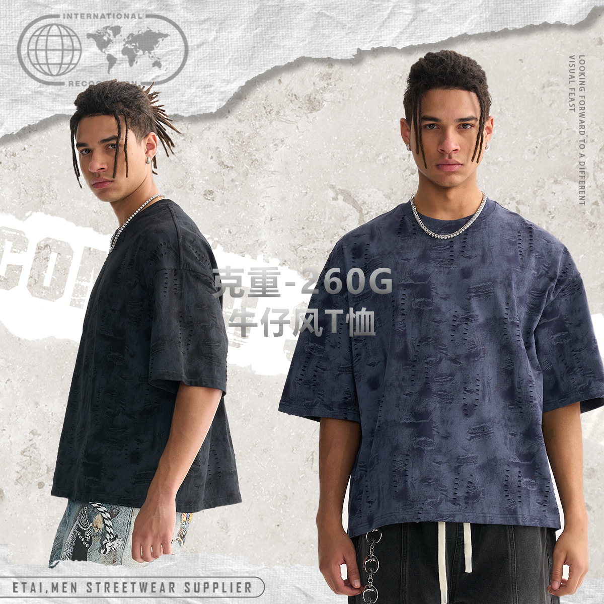 ETAI Hombre| Marca de moda desgastada jeans viento boxy camiseta de hombre de algodón pesado texturas jeans de hombre de manga corta