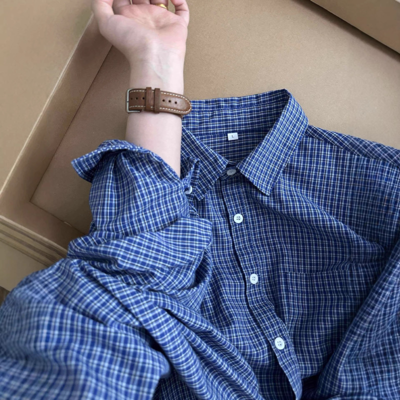 Retro Style Blue Plaid Long-Sleeved Shirt for Women 2026 New Style Loose and Lazy Cardigan High-End Versatile Shirt Retro Style Blue Plaid Long-Sleeved Shirt for Women 2026 New Style Loose and Lazy Cardigan High-End Versatile Shirt