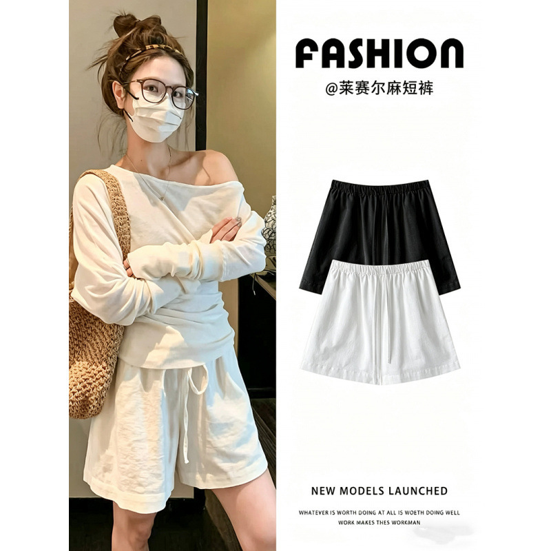 Pregnant Women's White Cotton and Linen Sports Wide-Leg Shorts, New Style, Thin Drawstring Linen Shorts for Small Women in Summer