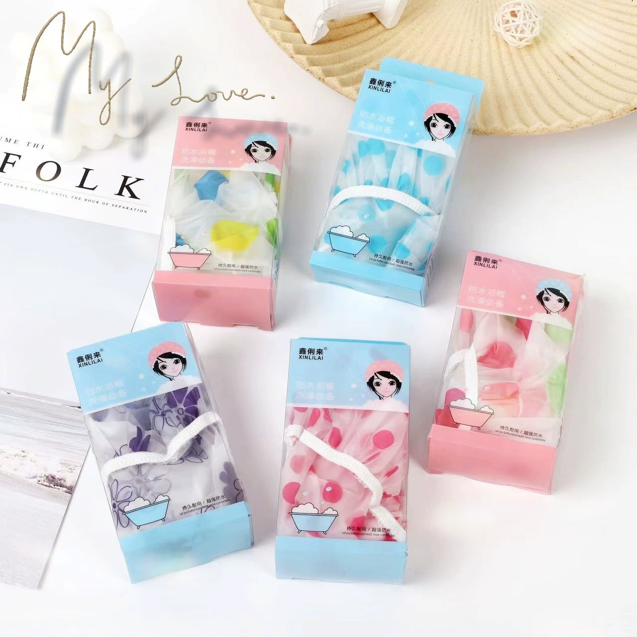 New polka dot shower cap waterproof bath shower cap home shower head cover kitchen smokeproof thickened hair cover