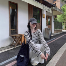 韩系黑色条纹长袖t恤女夏薄款防晒罩衫宽松慵懒松弛感巨好看上衣