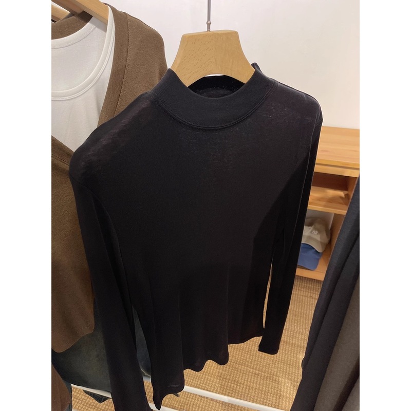 テンセルウールマスクTシャツレディース初秋薄手長袖右肩トップス白インナーハーフタートルネックボトリングシャツ|undefined