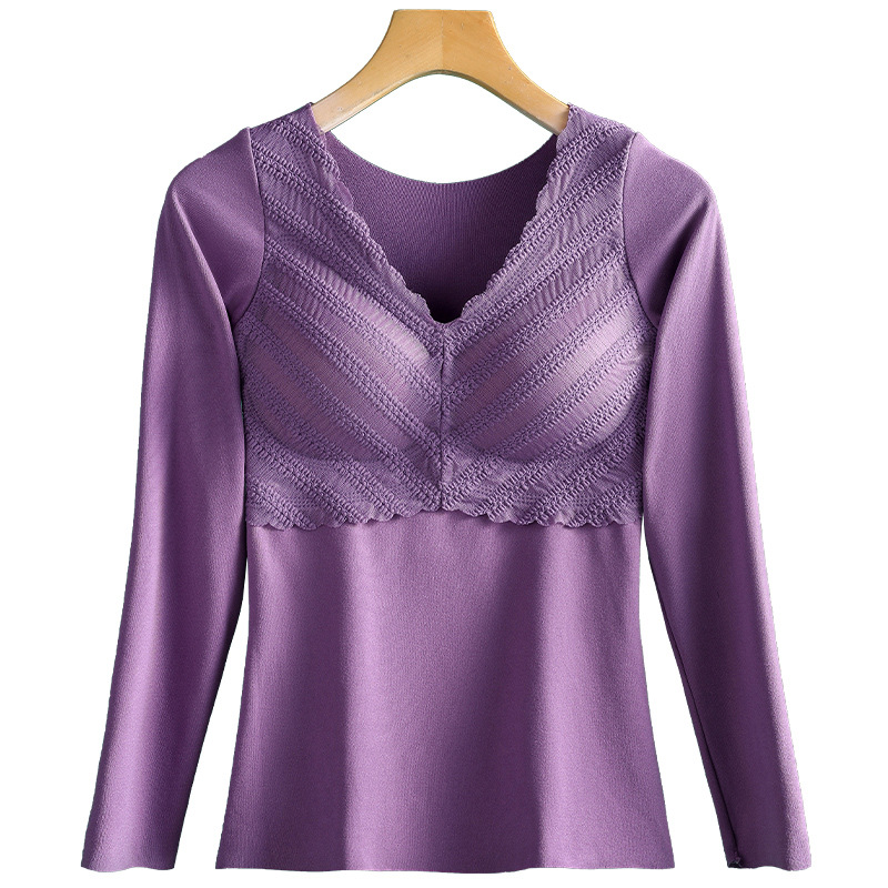 Otoño e Invierno de terciopelo sin costuras ropa interior térmica engrosada de las mujeres con cuello en V encaje bottoming ropa con almohadilla en el pecho temperatura constante térmica de manga larga
