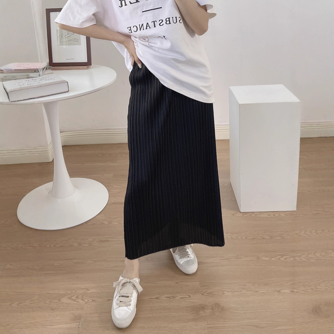 Miyake Slimming Look Skirt Women's Summer Long Elastic Waist Pure Color Versatile High-End Elegant Straight Skirt Half-Length Skirt