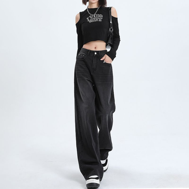 女性用ブラックグレーハイウエストワイドレッグジーンズストレートレッグルーズ卸売春の新しいスタイルのスリムフロアレングスパンツ|undefined