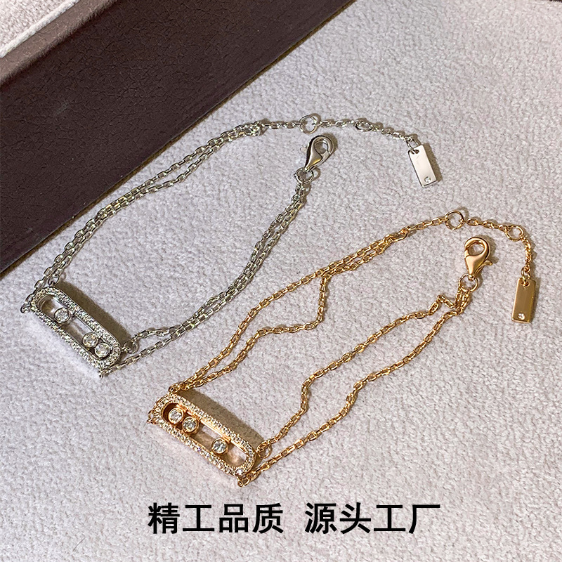 Messi's Thick 18K Gold-Plated Bracelet with Diamonds and Exquisite Hand Jewelry Paper Clip Cut Out Three Movable Beads for Women