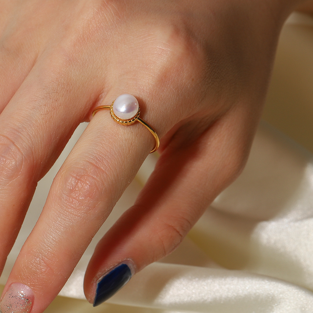 Retro Geometric Stainless Steel Open Ring Inlay Artificial Pearls Stainless Steel Rings
