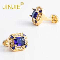 新款方形鑲嵌藍色水鑽銅鋯石袖扣 外貿男士襯衫金屬袖扣批發
