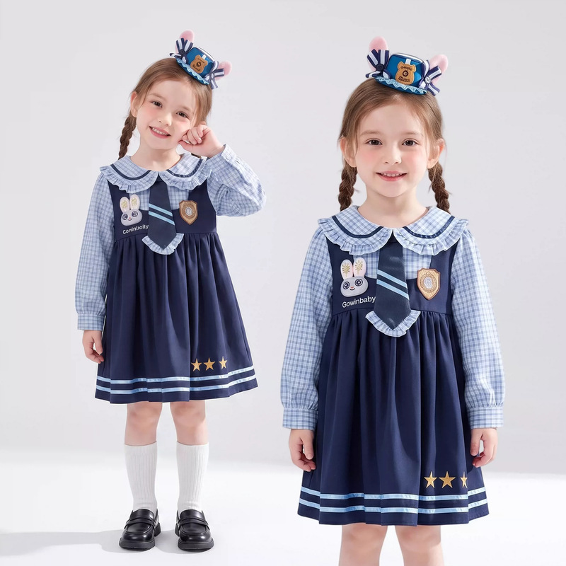 26128 Girls' Academy Style Fake Two-Piece Rabbit Police Officer Dress Spring and Autumn Children's Clothing Doll Collar Princess Dress