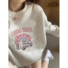 美式潮牌白灰色无帽卫衣女2025新款爆款秋冬圆领宽松上衣外套加绒