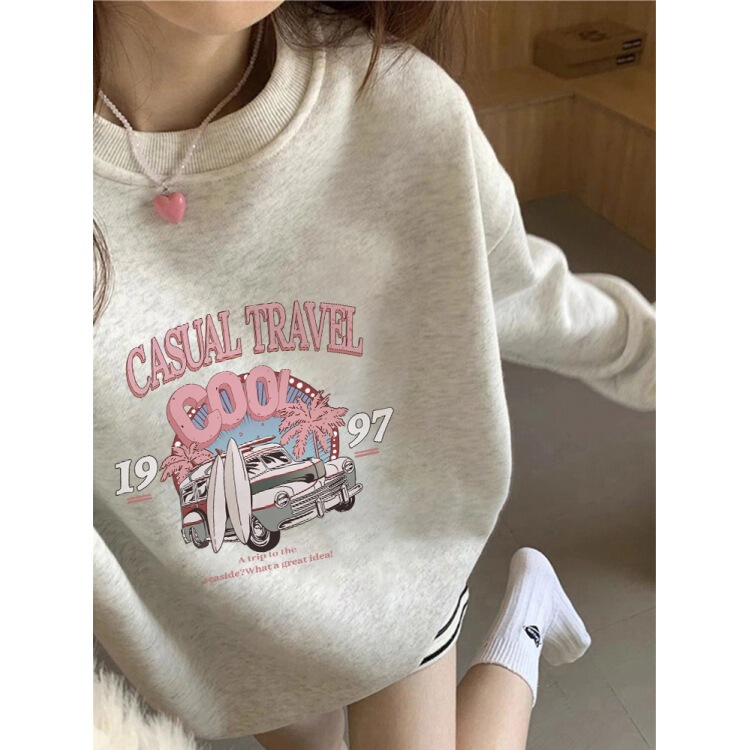American Trendy Brand White Gray Hooded Sweatshirt for Women 2025 New Popular Autumn and Winter Round Neck Loose Top Jacket Fleece-Lined American Trendy Brand White Gray Hooded Sweatshirt for Women 2025 New Popular Autumn and Winter Round Neck Loose Top Jacket Fleece-Lined