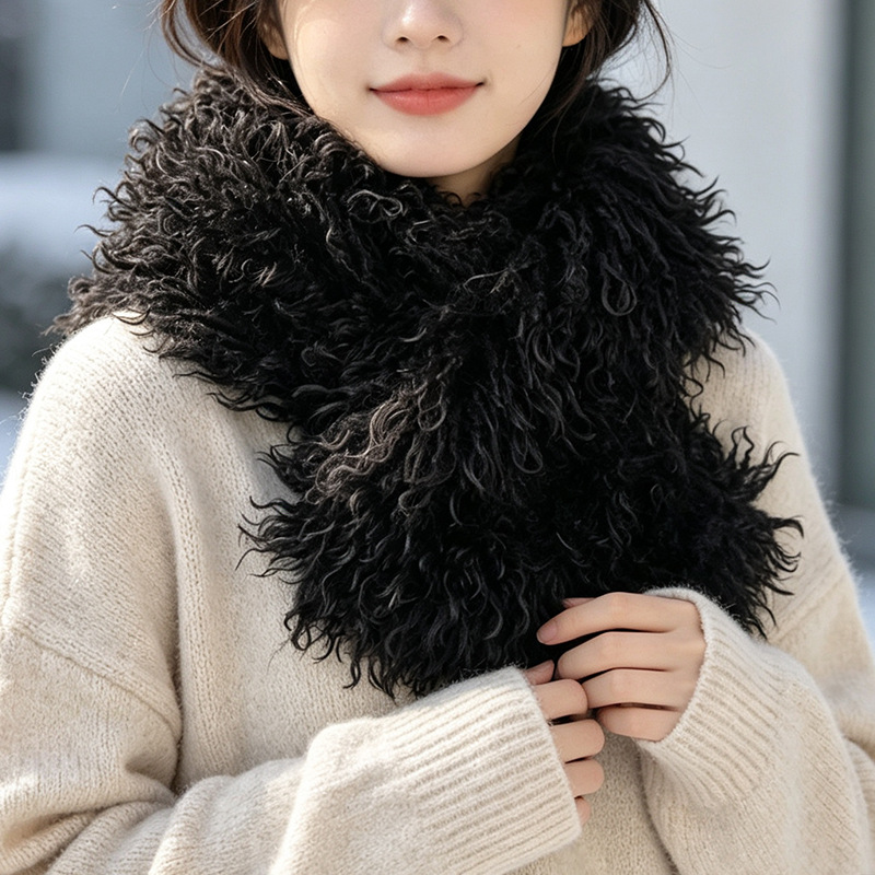 Imitation sheepskin cross-neck scarf, thick, soft, warm, solid color, furry neck warmer, casual and versatile plush neck scarf