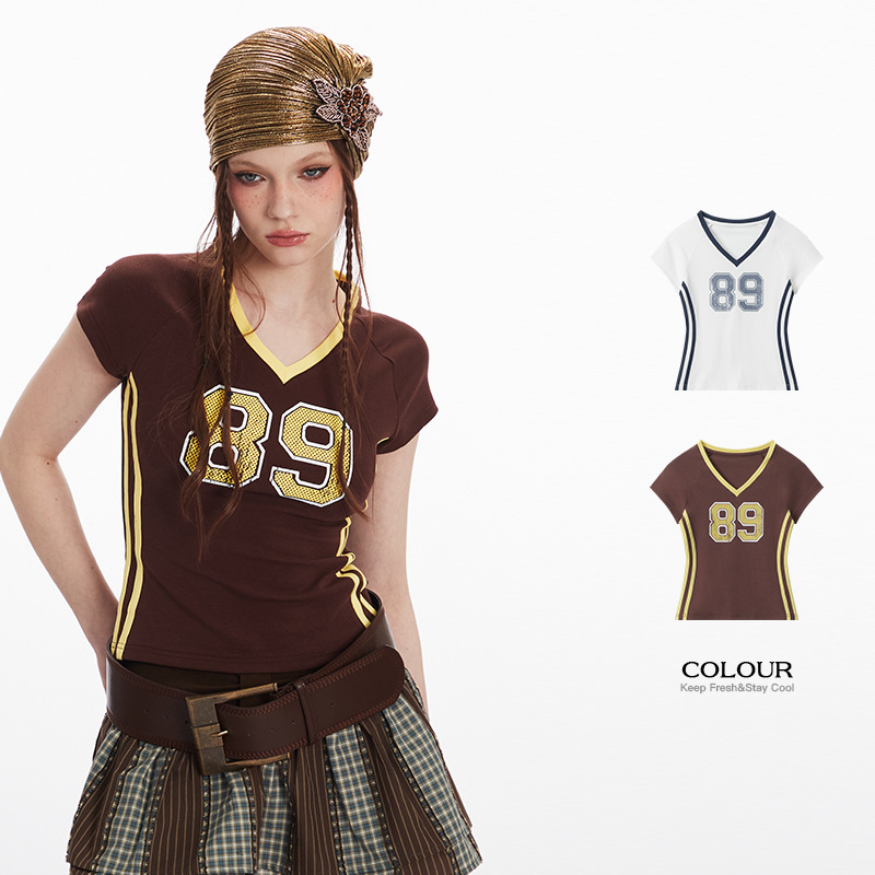 HeyHenry Summer V-neck Contrast Printed Short-sleeved T-shirt Slim-fit Slimming Spice Girl Top Women's Retro Short Jersey